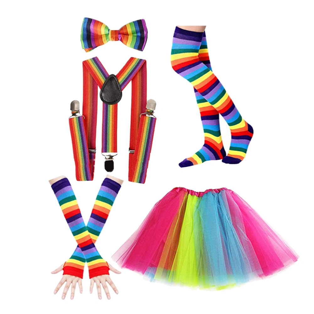 1 Set Neon Themed Party Tutu Dress Rainbow Gloves Socks Strap Bow-tie 80s Party Dress Up Accessories Party Supplies (Pattern 1)