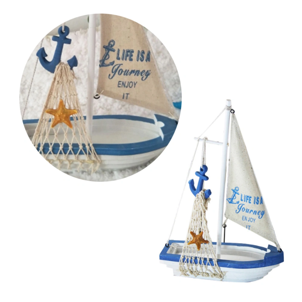 Mediterranean Sailing Boat Ornaments Wood Sailboat Blue And White Canvas Home Desktop Decor for Home Decoration