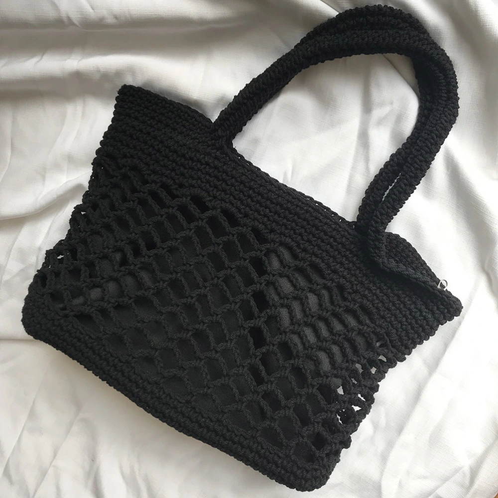 Portable Beach Bag Cotton Thread Hand-crocheted Bag Handmade Shoulder Bag Large Capacity Messenger Bag (Black)