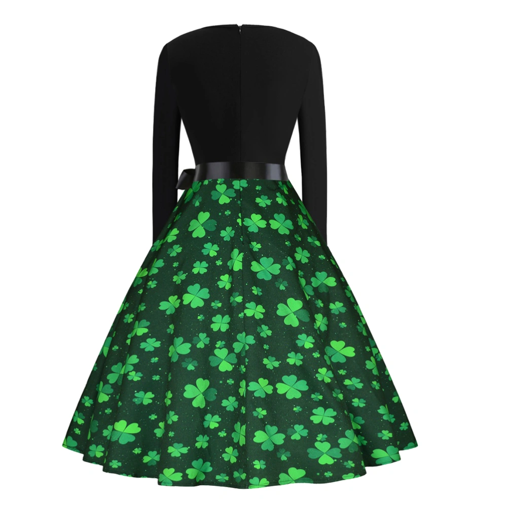 Fashion Round Collar Dress Four Leaf Clover Printed Dresses for St. Patrick's Day (Size L)