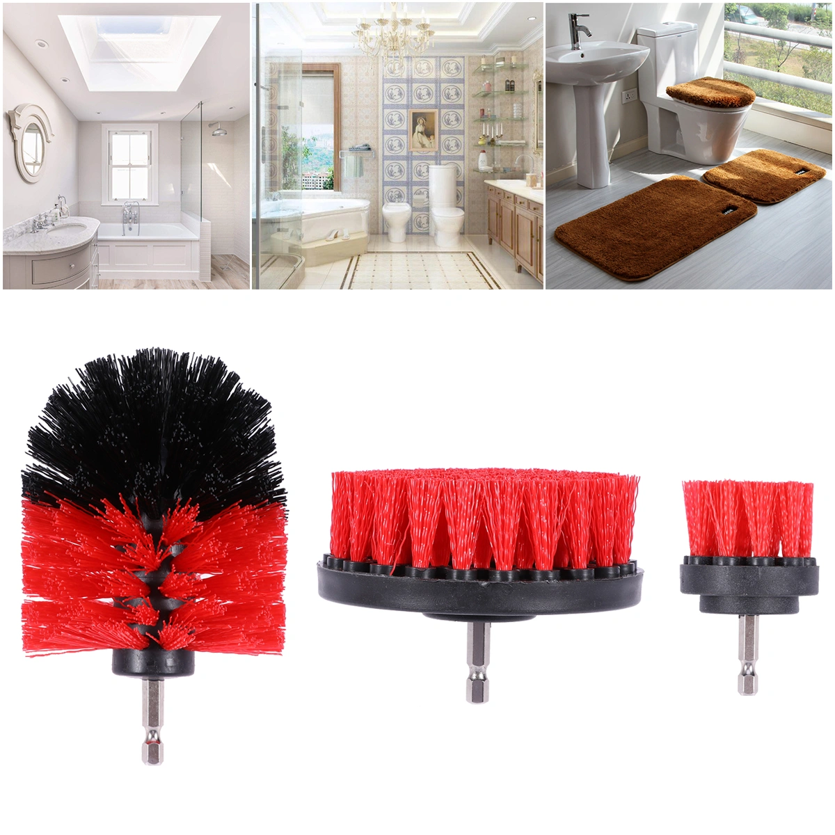 3pcs Durable Nylon Drill Cleaning Brush Attachments Multifunction Power Scrubber Brush Drill Attachment Kit for Car Tile Grout Flooring Brick Ceramic Marble Bathroom Cleaning (Red)