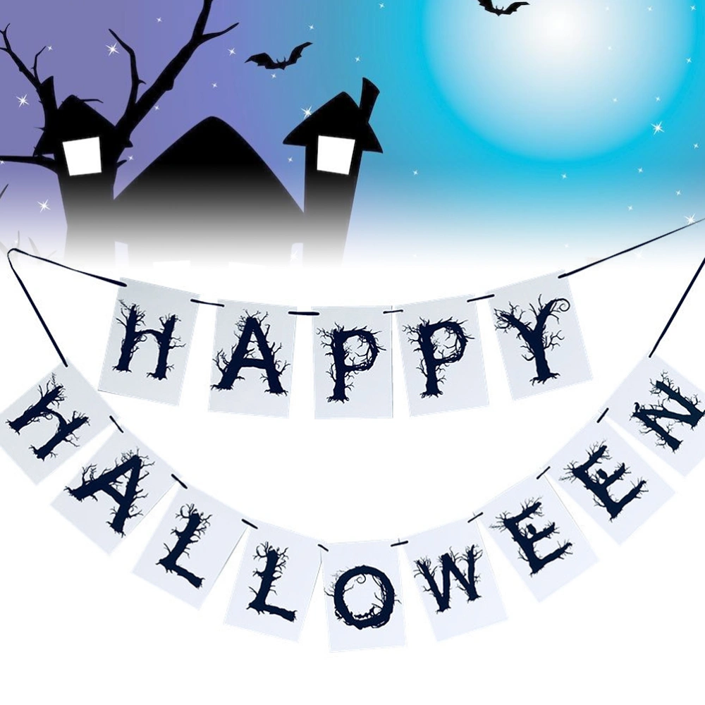 2 Pcs Halloween Themed Banner Decoration Halloween Party HAPPY HALLOWEEN Letter Pattern Hanging Banner for Bar Mall Window White