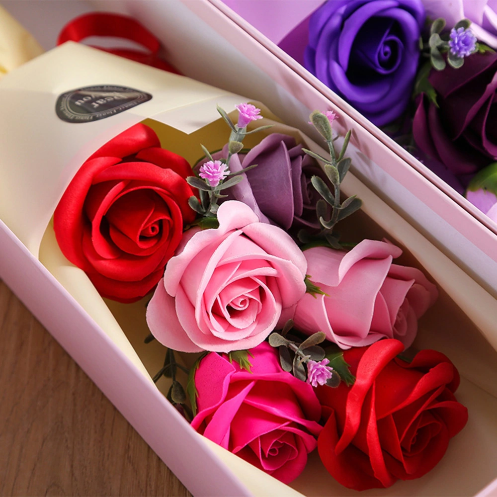 6PCS Creative Simulation Soap Flower Roses Gift Box Couple Valentine's Day Gifts Everlasting Flower Rose Bouquet (Random Color)