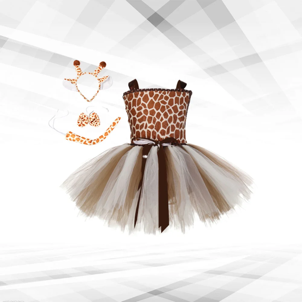 1 Set of Giraffe Designed Girls Dress Cartoon Dress-up Cosplay Clothes Animal Girls Suit with Hair Fake Tail and Bow Tie Size L