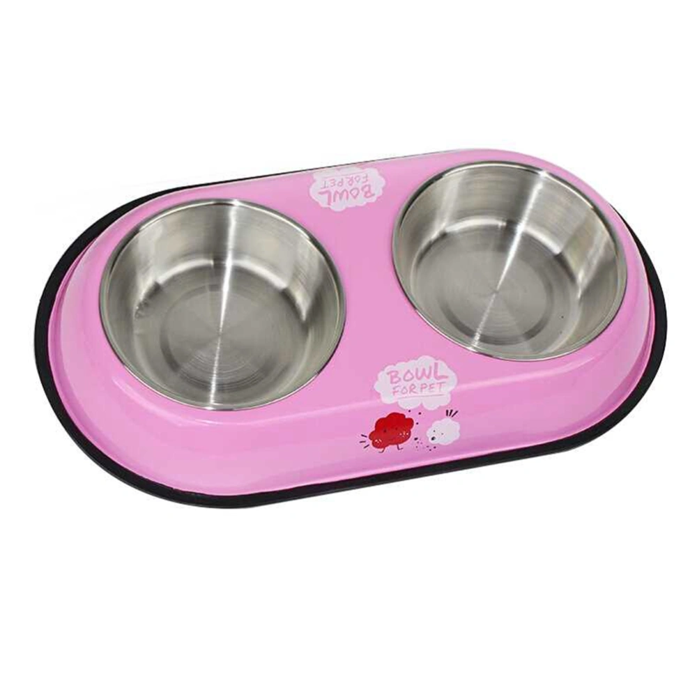 Dual Stainless Steel Dog Bowl Pet Water Food Feeder Bowl Dog Food Bowl Pet Bowl Size Small (Pink)