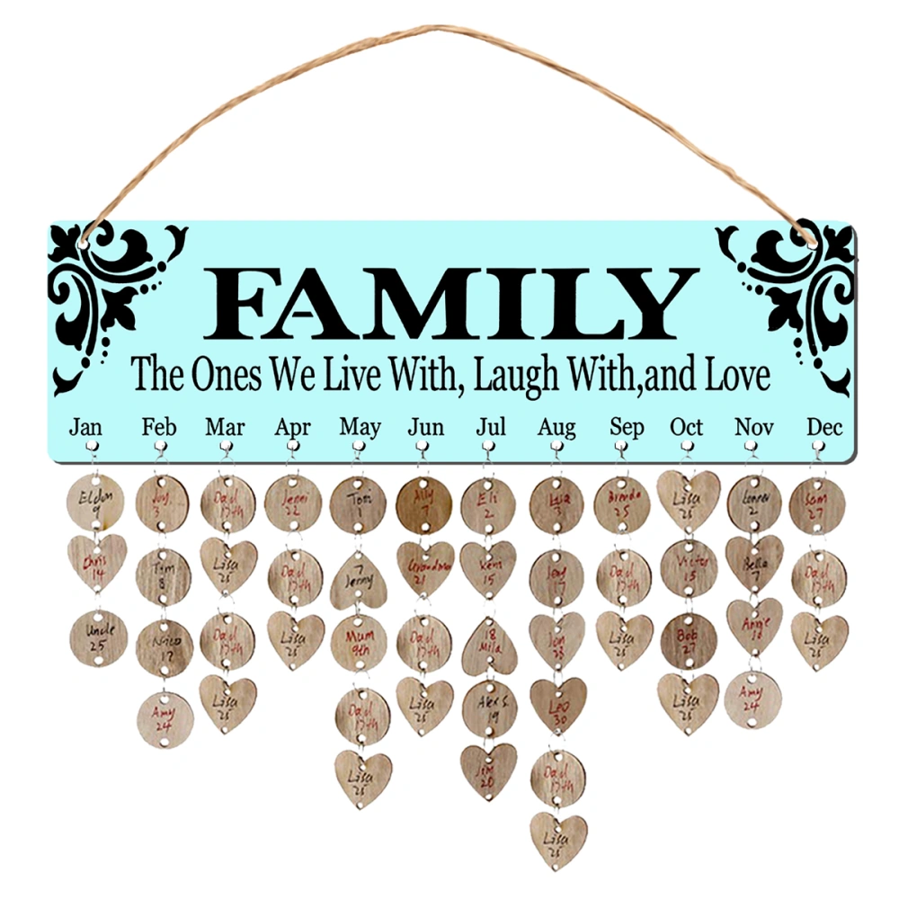 1 Set Creative Wooden Hanging DIY Calendar Reminder Blue Board Plaque Home Decoration with 50 Round Pendants and 50 Heart Shaped Pendants