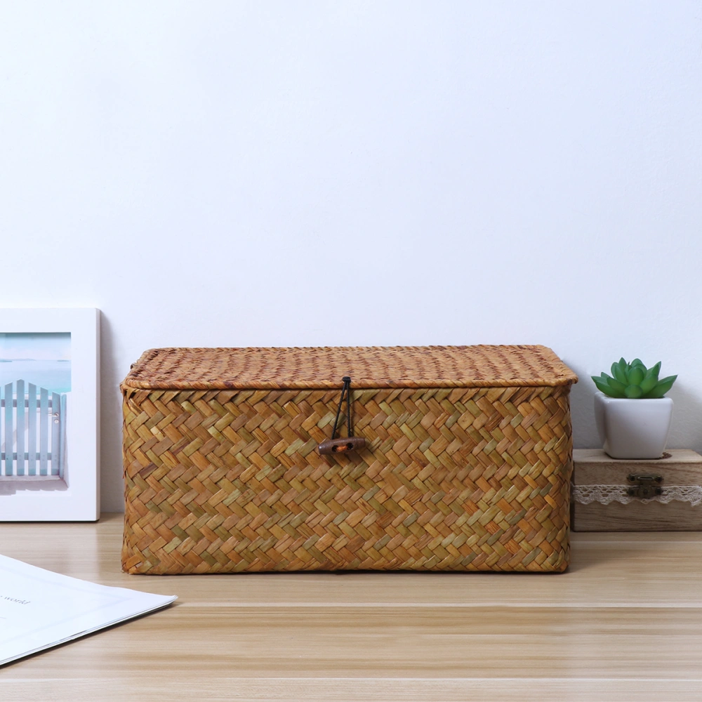 Vosarea 1PC Seaweed Basket with Button Woven Basket Straw Woven Box Desktop Storage Box Hand-Woven Storage Basket - Size L