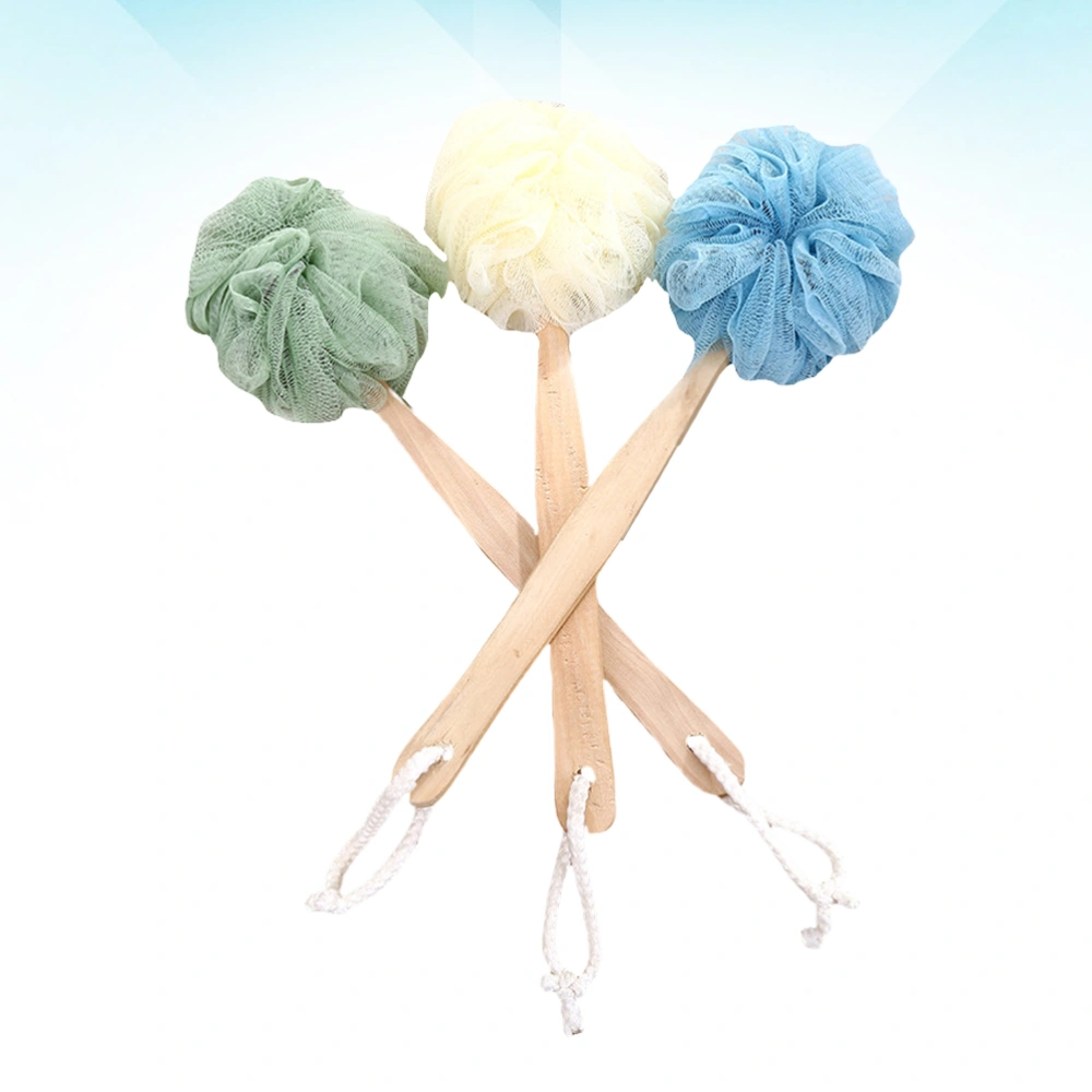 3Pcs Wooden Long Handle Bath Balls Portable Bath Brushes Bath Flower Towels Shower Back Scrubber