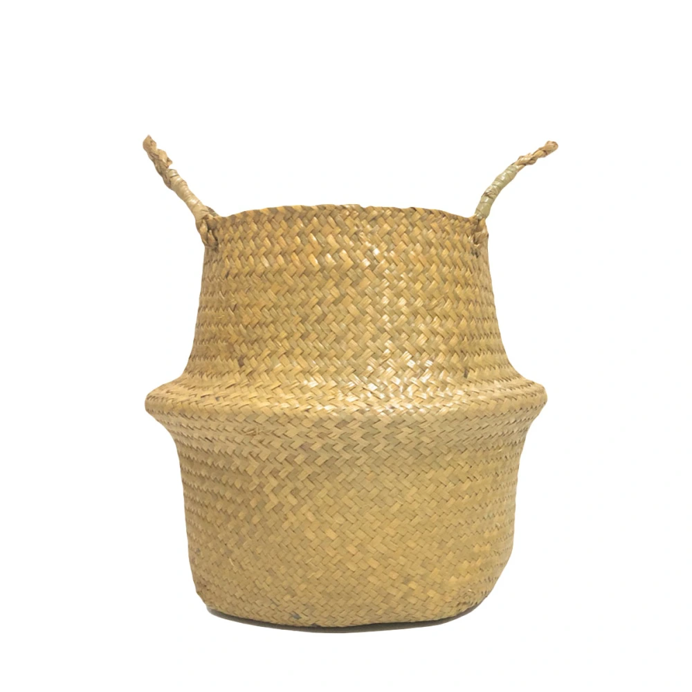 Straw Storage Basket Foldable Handmade Seaweed Woven Garden Facility Flowerpot Hanging Toy Storage Basket(Yellow)