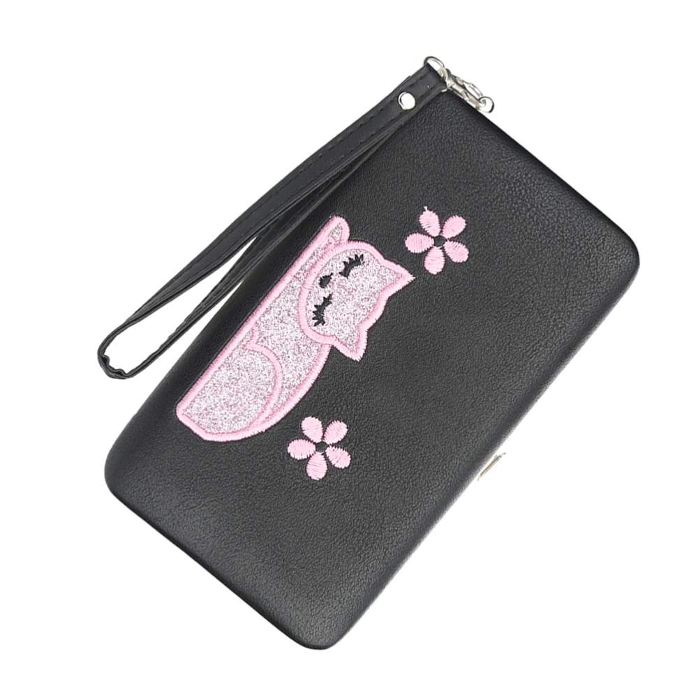 Black Multi-purpose Cat Embroidery Pattern Fashion Wallet Triple-folded Wallet Multi-card Slots Bag Pocket Long Purse for Women Lady