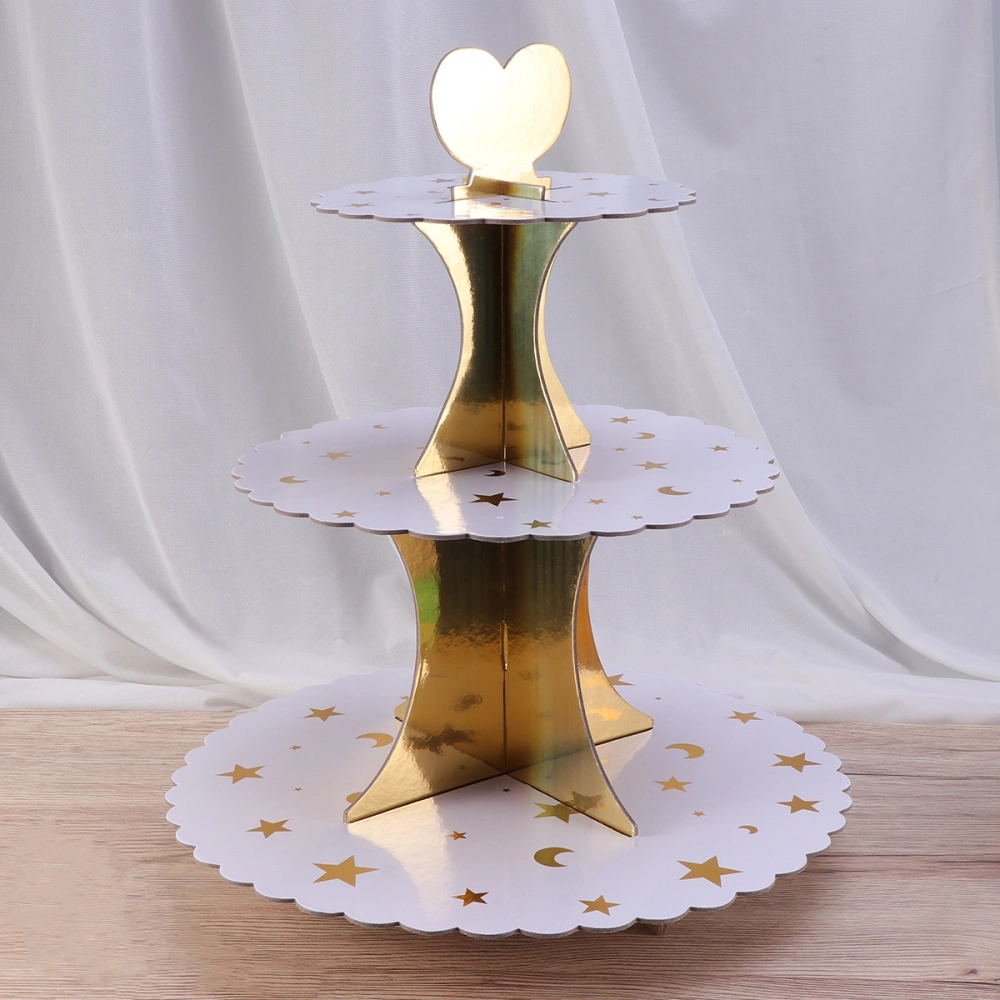 Three Layer Cake Stand Fruit Dessert Display Stand Heart Shaped for Party Store Festival - Star and Moon Pattern (Golden)