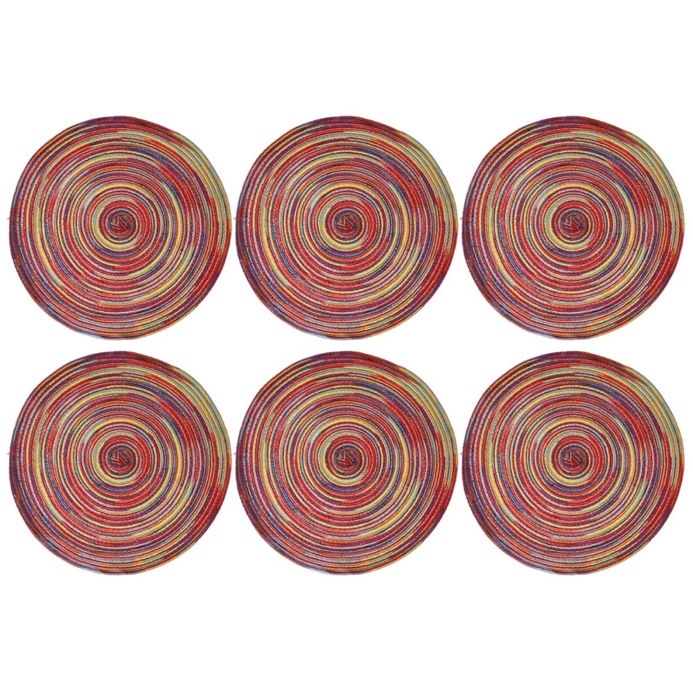 6PC Cotton Place Mat Color Satin Dyed Hand-Woven Round Place Mat  Ramie Cotton Yarn Woven Anti-Hot Coaster Plate Cushion (Red)