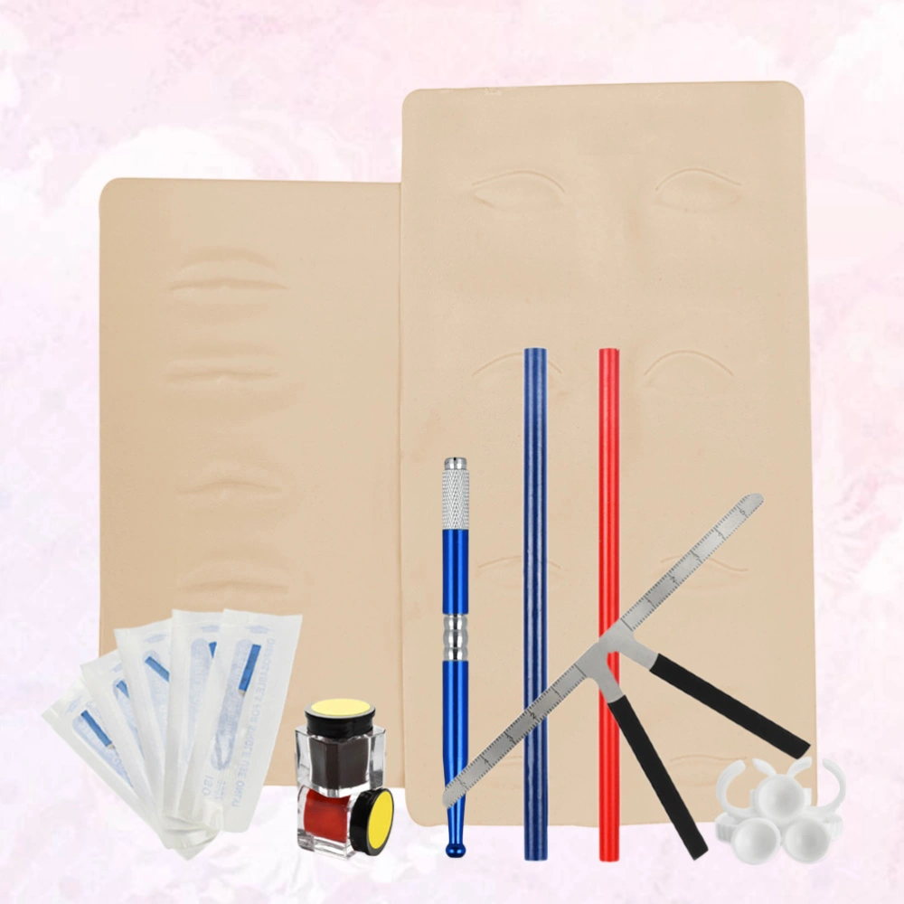 Microblading Pen Kit Round Head Pen Pigment Rings Cup 3D Mouth Eyes Practice Skin Eyebrow Blades Three-point Eyebrow Positioning Ruler Eyebrow Pencil Lip Pencil Red and Dark Coffee Pigment (Blue Pen)