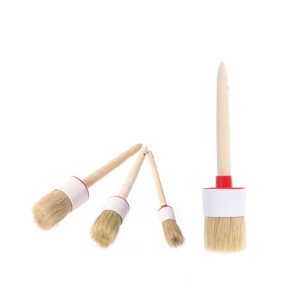 4PCS Round Head Wood Handle Bristle Cleaning Brush Natural Boar Hair Detail Brush for Wheel