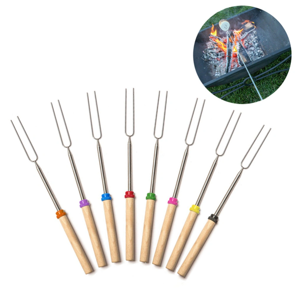 8 Pcs Hot Dog Roasting Fork Stainless Steel Telescoping Barbecue Fork Wooden Handle Marshmallow Roasting Stick Sausage Skewer (Mixed Color)