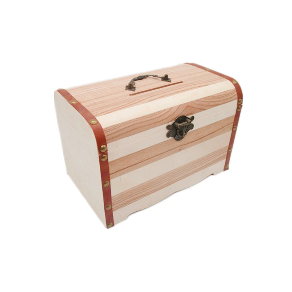 Mini Vintage Wood Coin Saving Bank Box Wooden Money Piggy Bank Treasure Stash Chest Box Organizer with Lock - Size S (Pattern of Lock is Random)