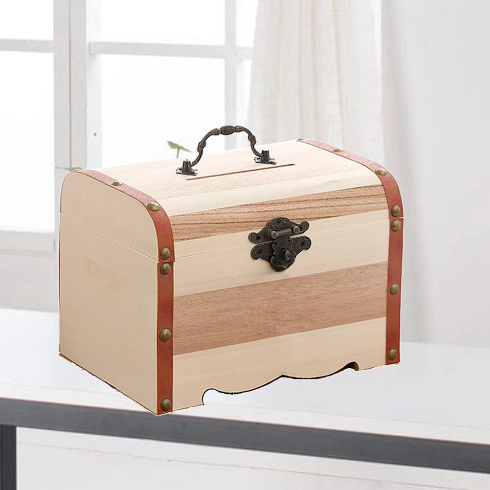 Mini Vintage Wood Coin Saving Bank Box Wooden Money Piggy Bank Treasure Stash Chest Box Organizer with Lock - Size S (Pattern of Lock is Random)