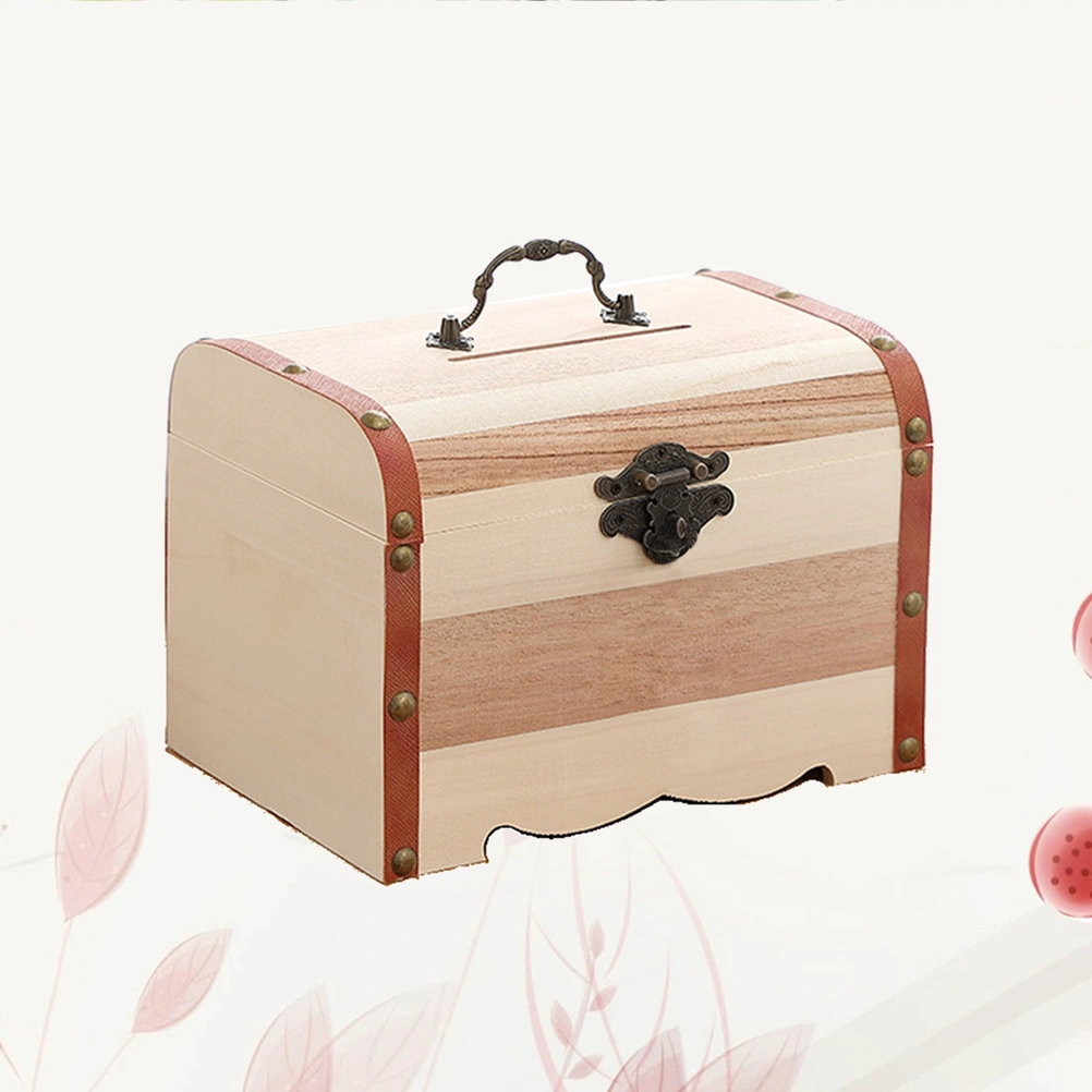 Mini Vintage Wood Coin Saving Bank Box Wooden Money Piggy Bank Treasure Stash Chest Box Organizer with Lock - Size S (Pattern of Lock is Random)