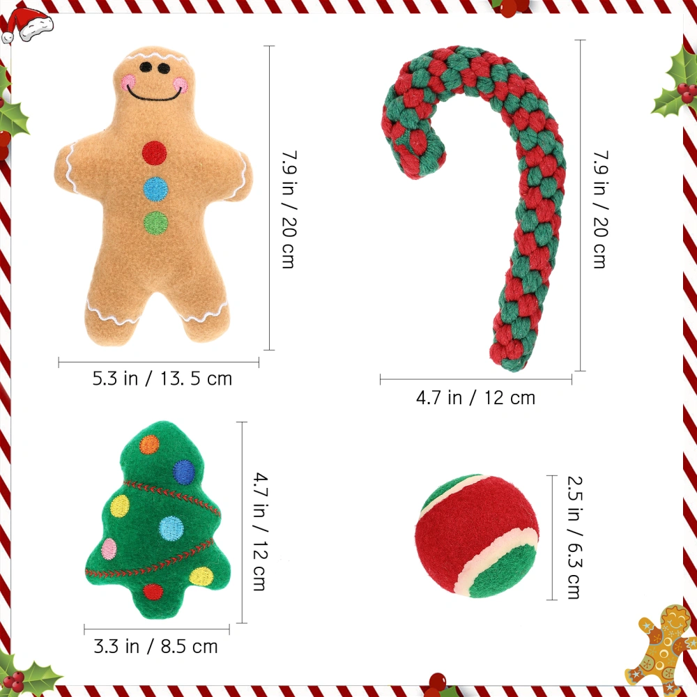 POPETPOP 4pcs Christmas Dog Toys Squeaky Puppy Teething Toy Christmas Tree Cane Ball Gingerbread Man Toys