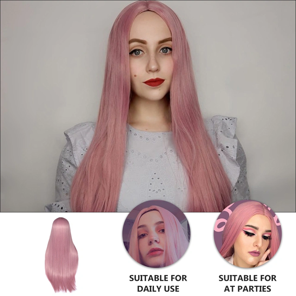 1Pc Pastel-Pink Wig Synthetic Hairpiece Natural Long Straight Women Girls Wig