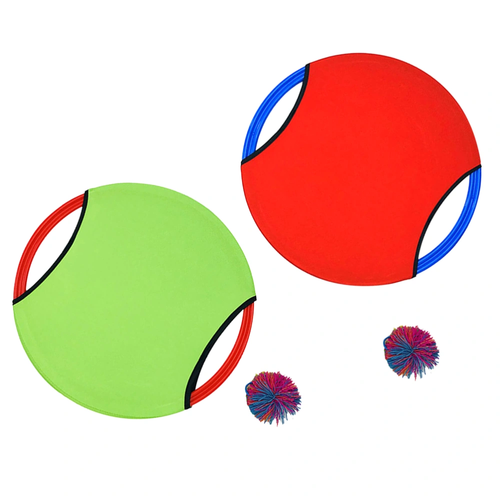 2 Set Elastic Flying Dish and Ball Kit Toss and Catch Ball Game Kindergarten Parent-child Interaction Toy for Home Indoor Outdoor (Green/Red Disc and Random Handle Color)