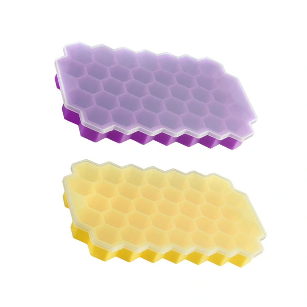 2pcs DIY 37 Cavities Honeycomb Shape Ice Cube Trays with Lid Silicone Ice Box Ice Making Mold Kitchen Accessories (Yellow, Purple)