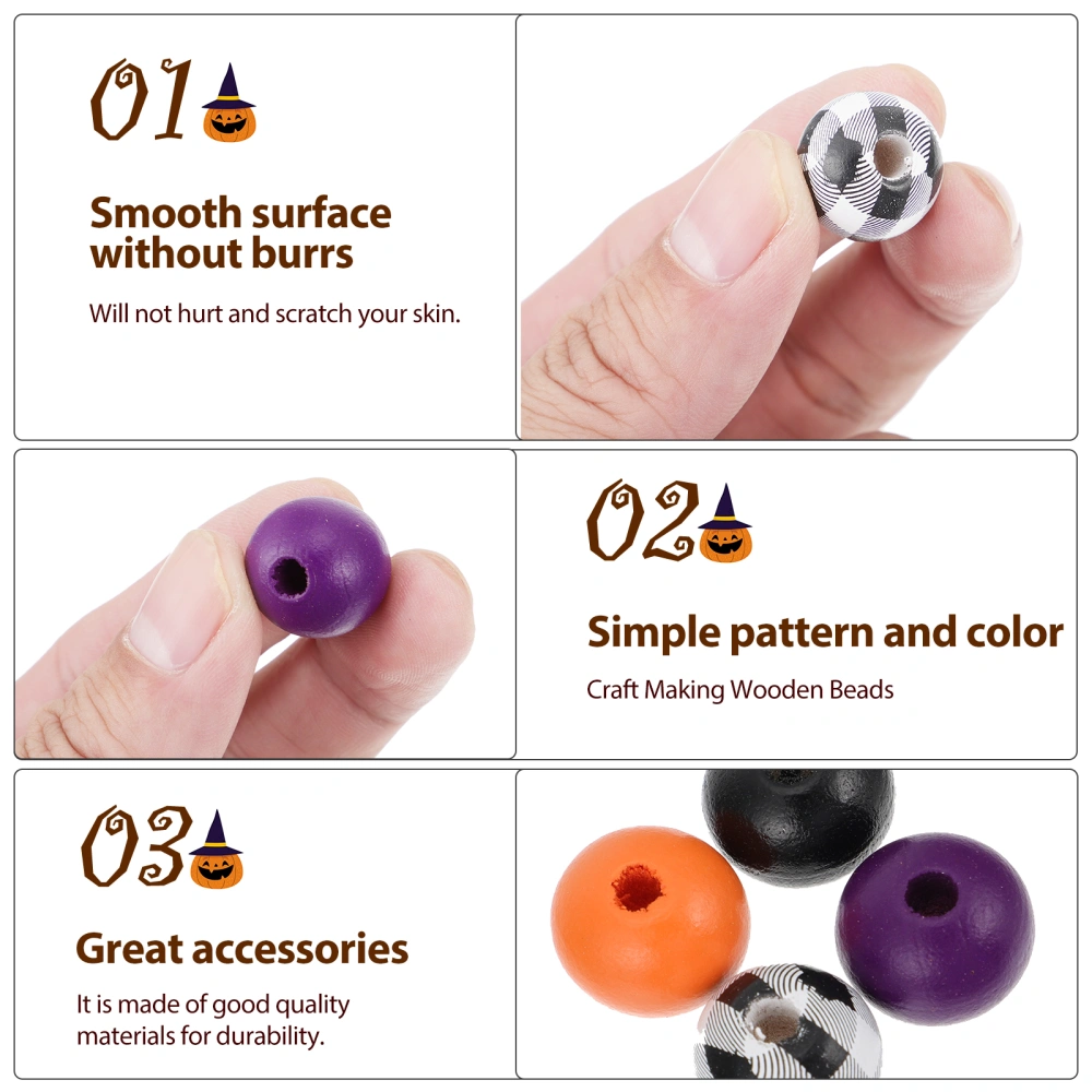 1 Set Halloween Wooden Beads Natural Round Plaid Wood Beads for DIY Crafts