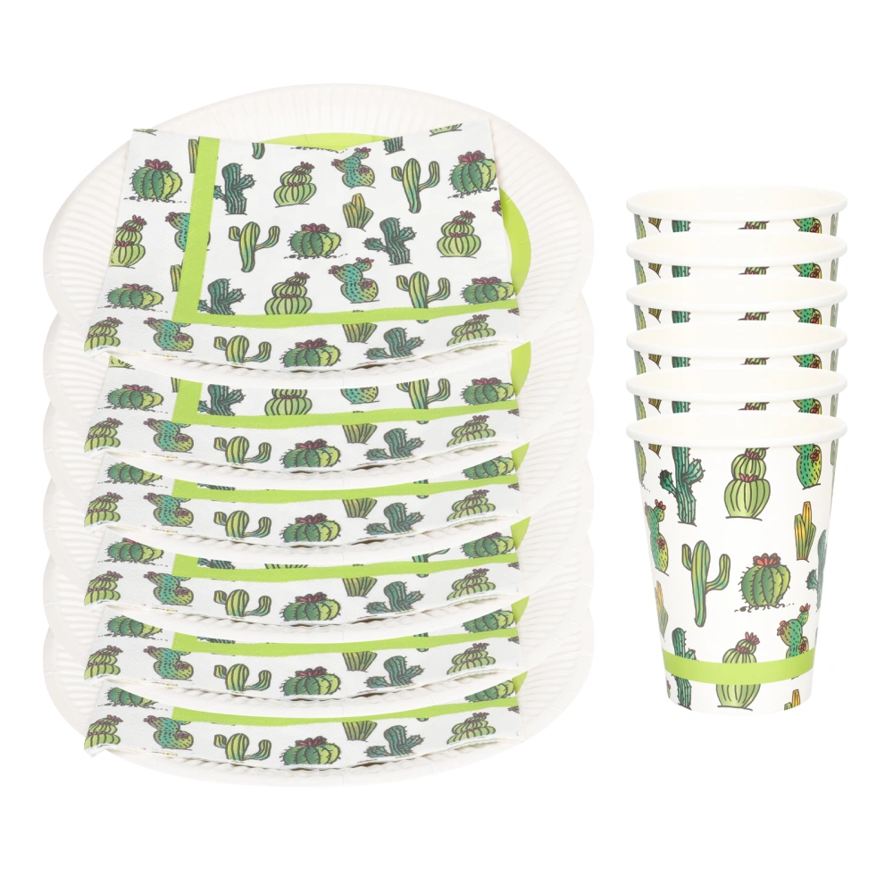 1 Set of Party Paper Cutlery Disposable Paper Cups Plates Cactus Printing Paper Plates Napkins