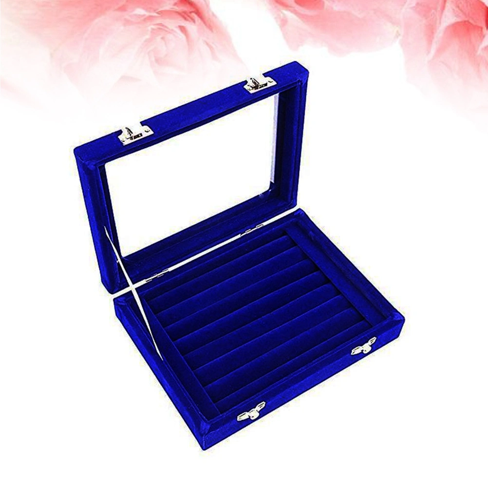Glass Ring Jewelery Display Storage Box Tray Case Holder Earring Organizer Stand(Sapphire Blue)