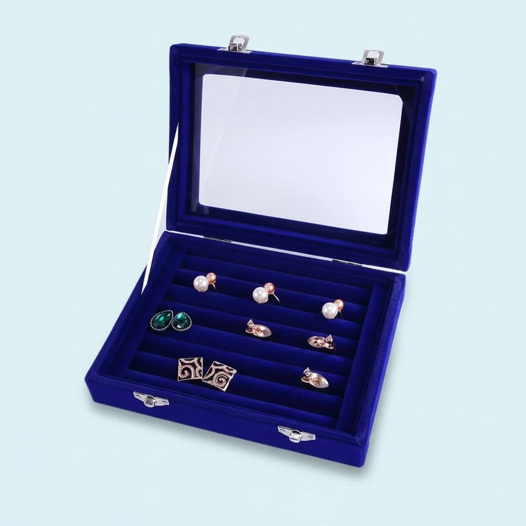 Glass Ring Jewelery Display Storage Box Tray Case Holder Earring Organizer Stand(Sapphire Blue)
