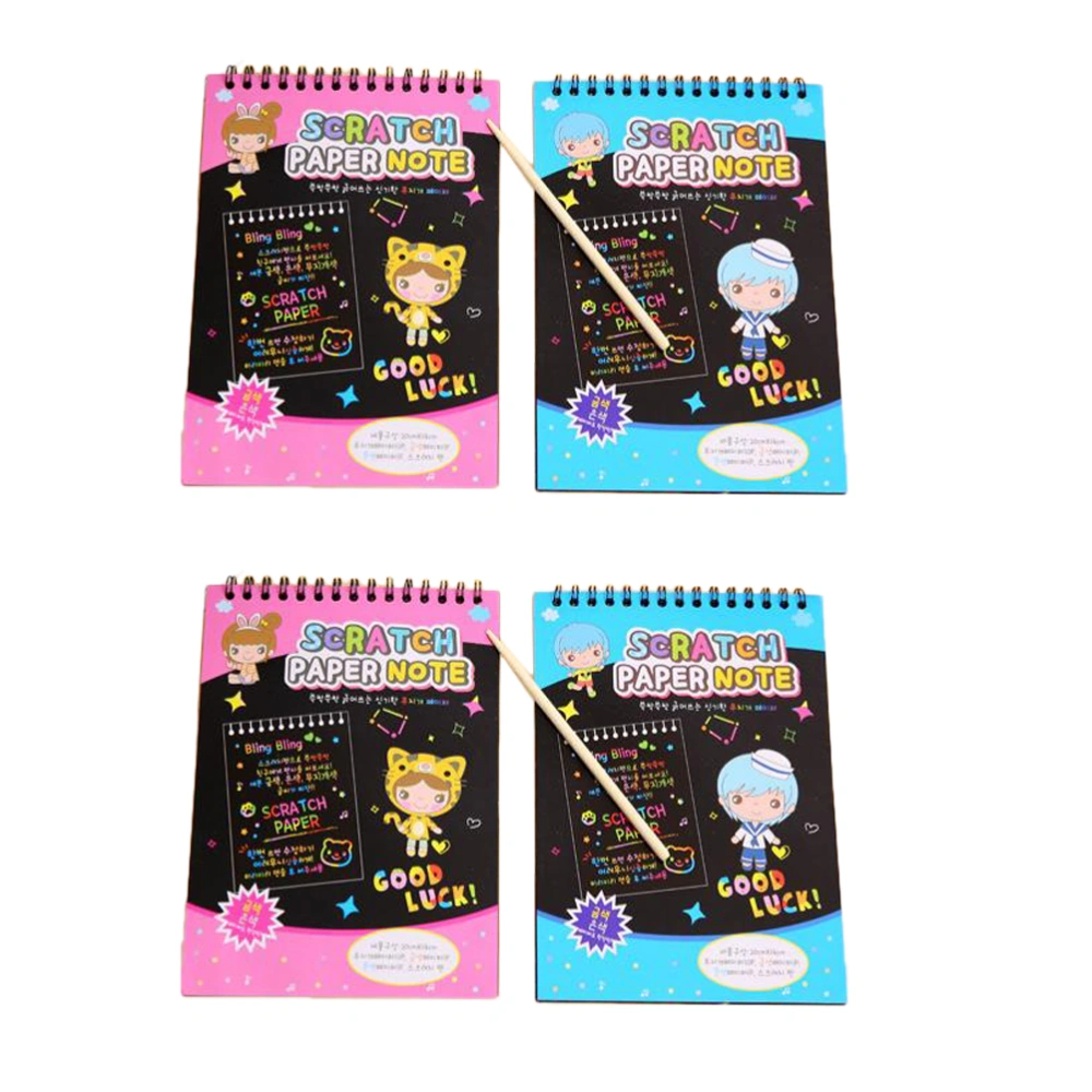 4pcs Children Scratch Note Kids Funy Drawing Toys Stationery Graffiti Book DIY Painting Toys With Bamboo Pen (Size L)