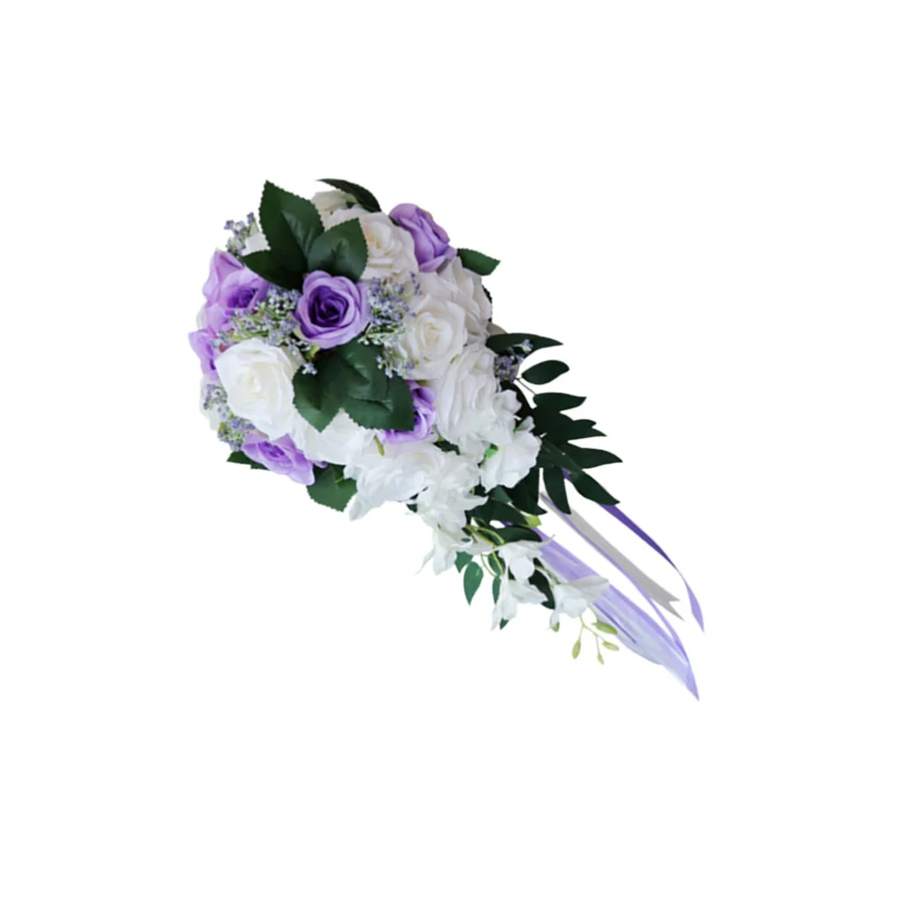 1PC European Style Bride Hand Tied Bouquet Simulative Wedding Bouquet Exquisite Bouquet Lifelike Bridesmaid Hold Flower (White and Purple)