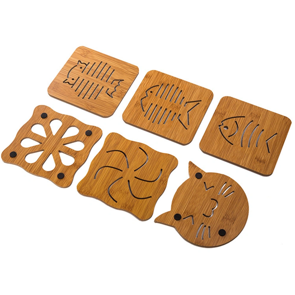 6pcs Hollow Wooden Coaster Cartoon Heat Resistant Cup Mug Mat Placemat Kitchen Decor (Mixted Pattern)