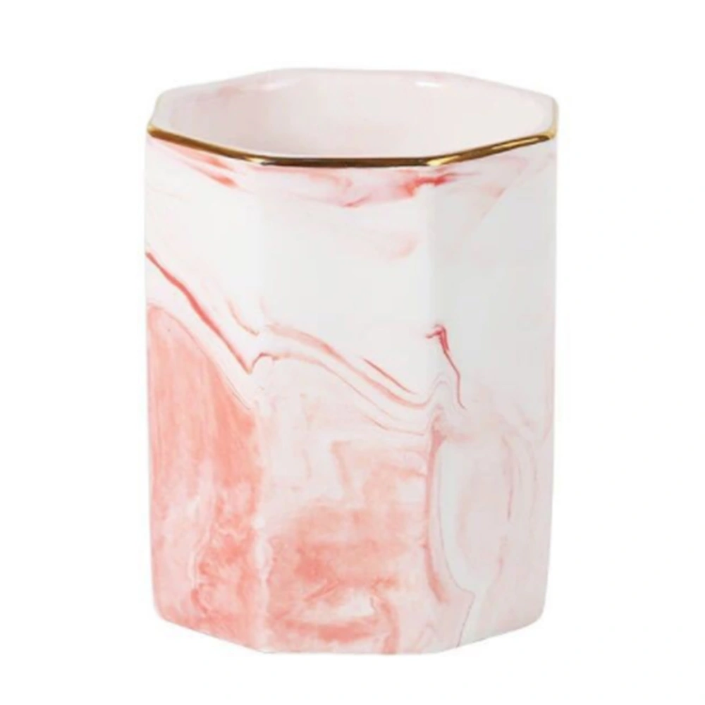 1Pc Marble Pattern Ceramic Storage Cup Nordic Style Pen Holder Cosmetic Brushes Storage Container (Pink with Gold Rim)