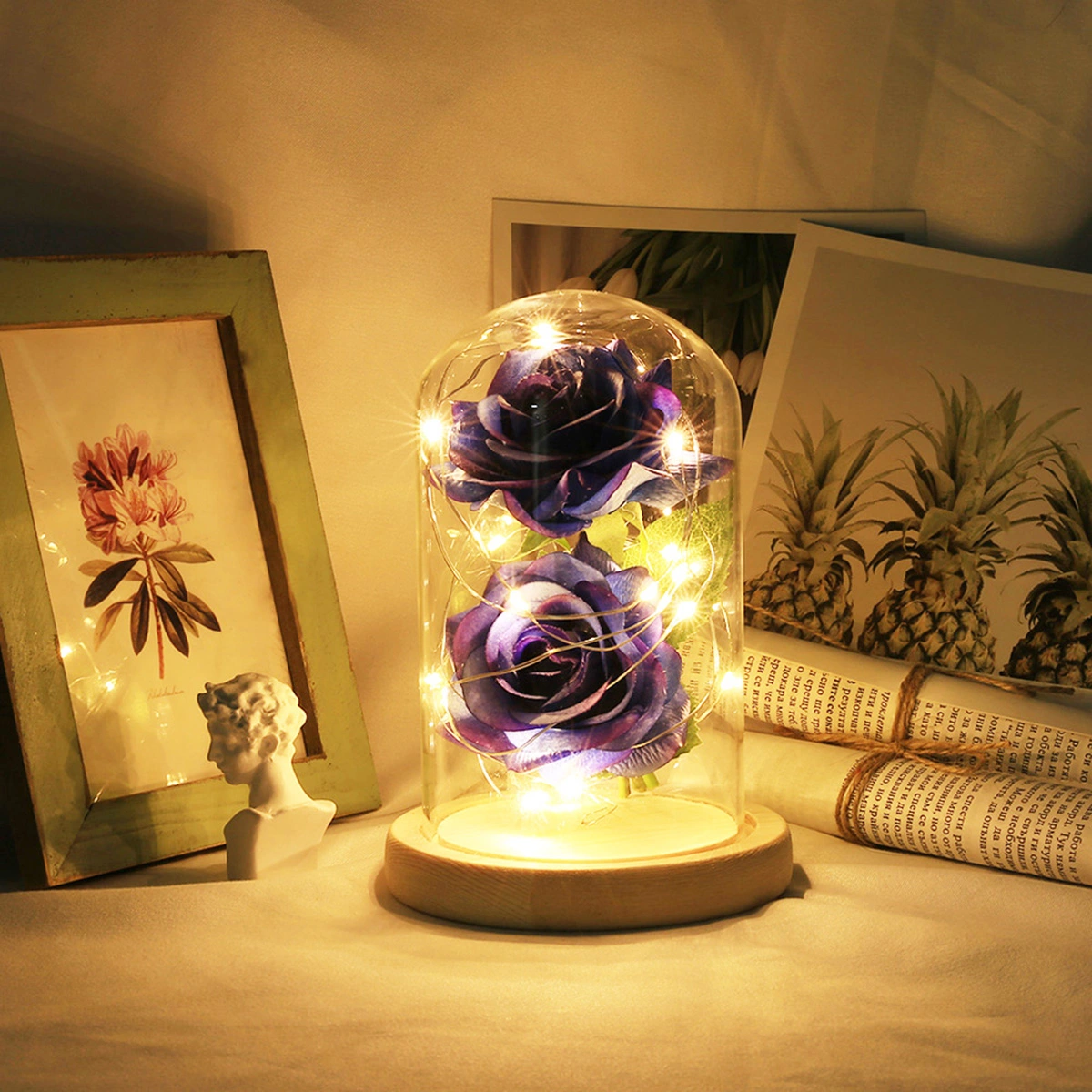 20 LEDs Copper Wire Lamp Glass Dome 2 Artificial Rose Wooden Base LED Night Light Flower Light Lamp Desktop Decorative Ornament Valentine's Day Gift - Without Batteries (Blue)