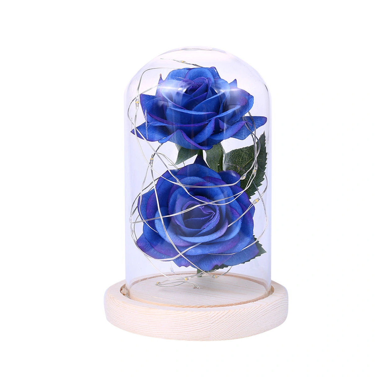 20 LEDs Copper Wire Lamp Glass Dome 2 Artificial Rose Wooden Base LED Night Light Flower Light Lamp Desktop Decorative Ornament Valentine's Day Gift - Without Batteries (Blue)
