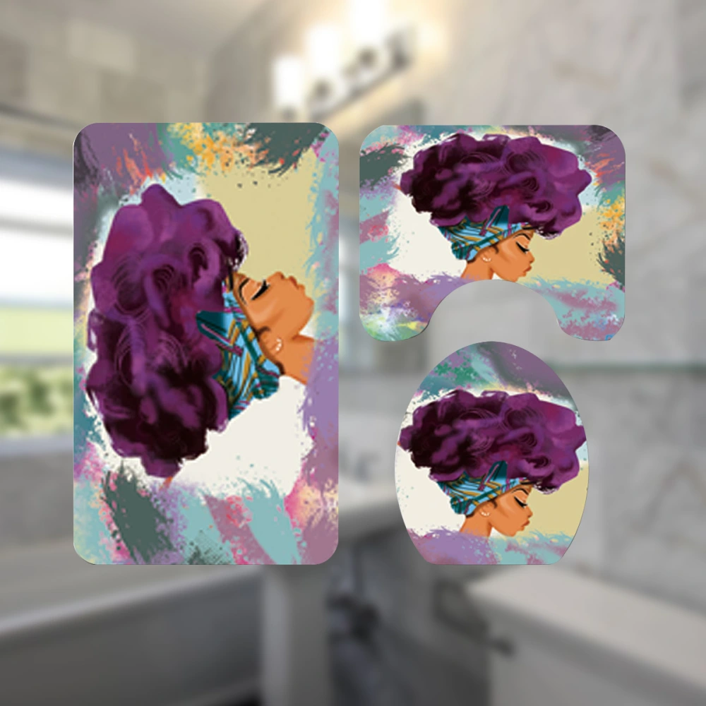 3 in 1 Afro Head Women Pattern Bathroom Pads Set Non-slip Washroom Carpets Mat Toilet Seat Lid Cover for Home Hotel