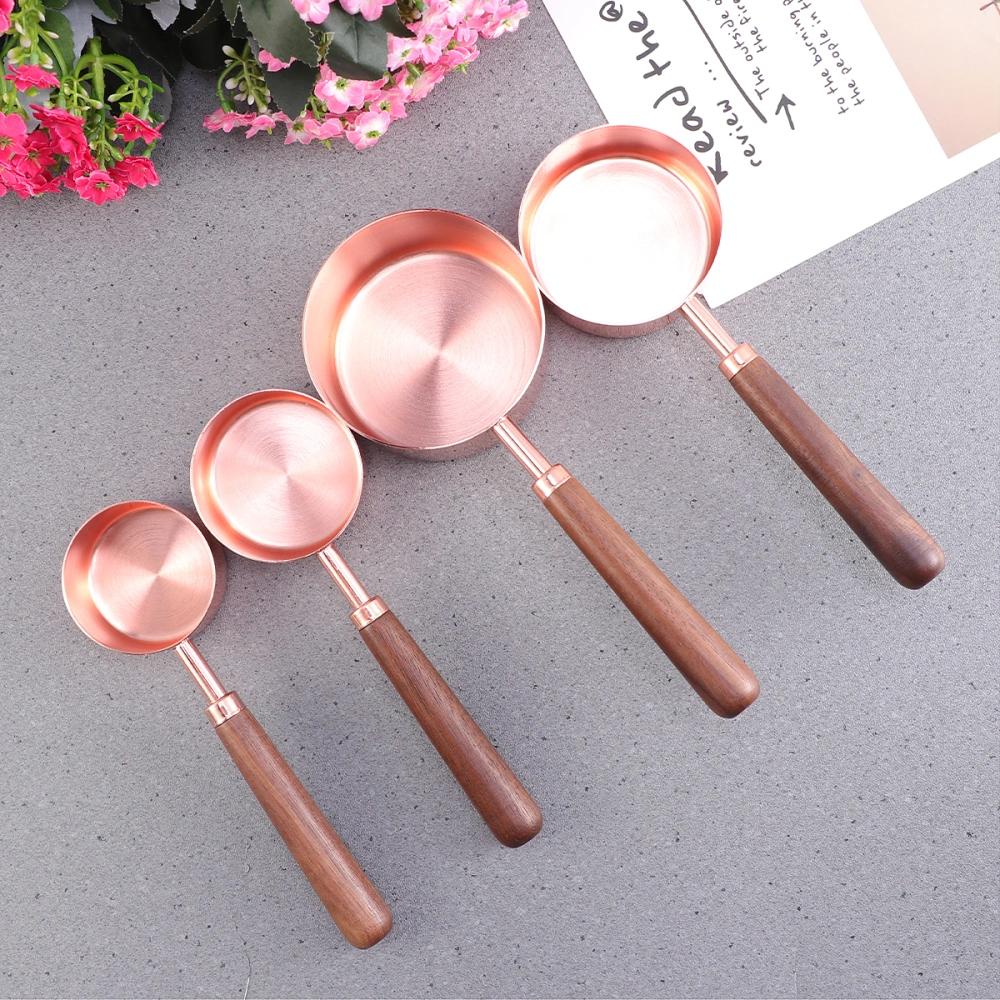 4pcs/Set Stainless Steel Wooden Handle Measuring Spoons Rose Gold Measure Cup Kitchen Tool for Liquid Spice Powder (Round Handle)