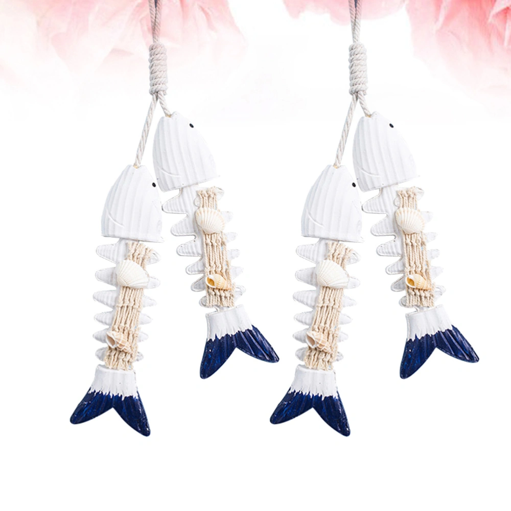 2pcs Mediterranean Style Small Fish Bones String Pendant Wooden Fish Bones Pendant Wall Hanging Decor for Home Shop