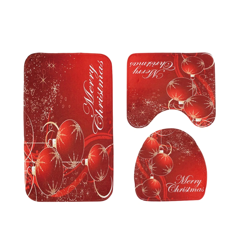 3 in 1 Christmas Ball Pattern Bathroom Mat Set Antiskid Washroom Carpet Mat Toilet Seat Lid Cover (Red)