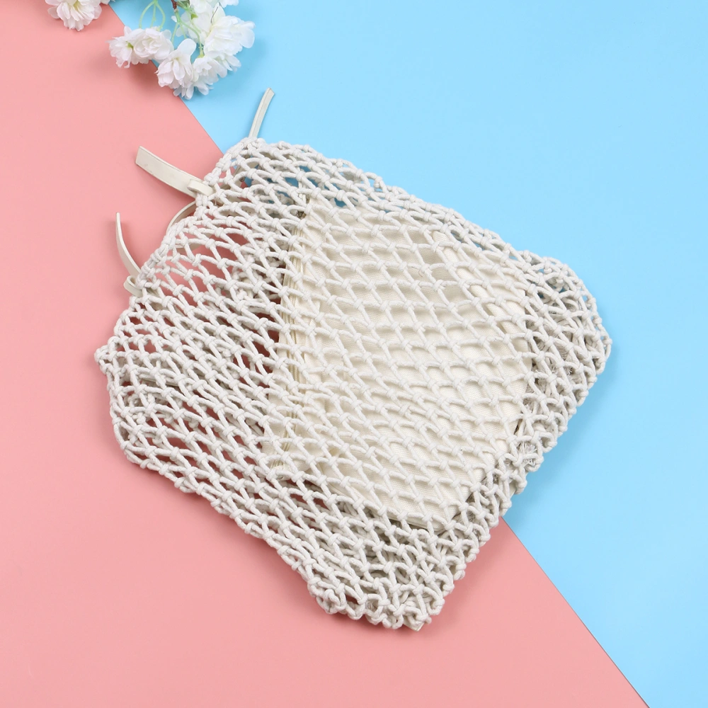 Handmade Cotton Thread Woven Bag Hollow-out Woven Shoulder Bag with Inner Cloth for Outdoor Travel White