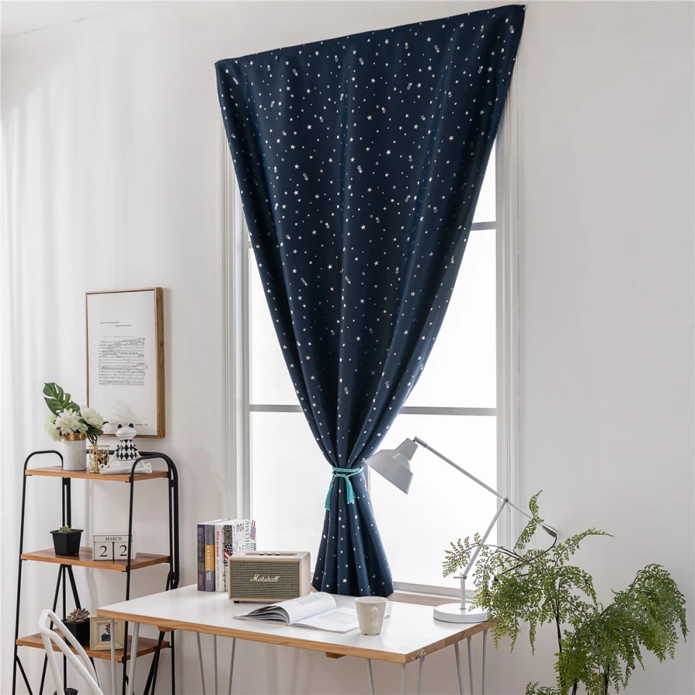 1 Pc Modern Blackout Curtain Punch Free Double-sided Adhesive Sticker Silver Star Window Curtain Drape Tape Decoration Curtain for Home Bedroom Kids Room - 90x180cm (Navy)