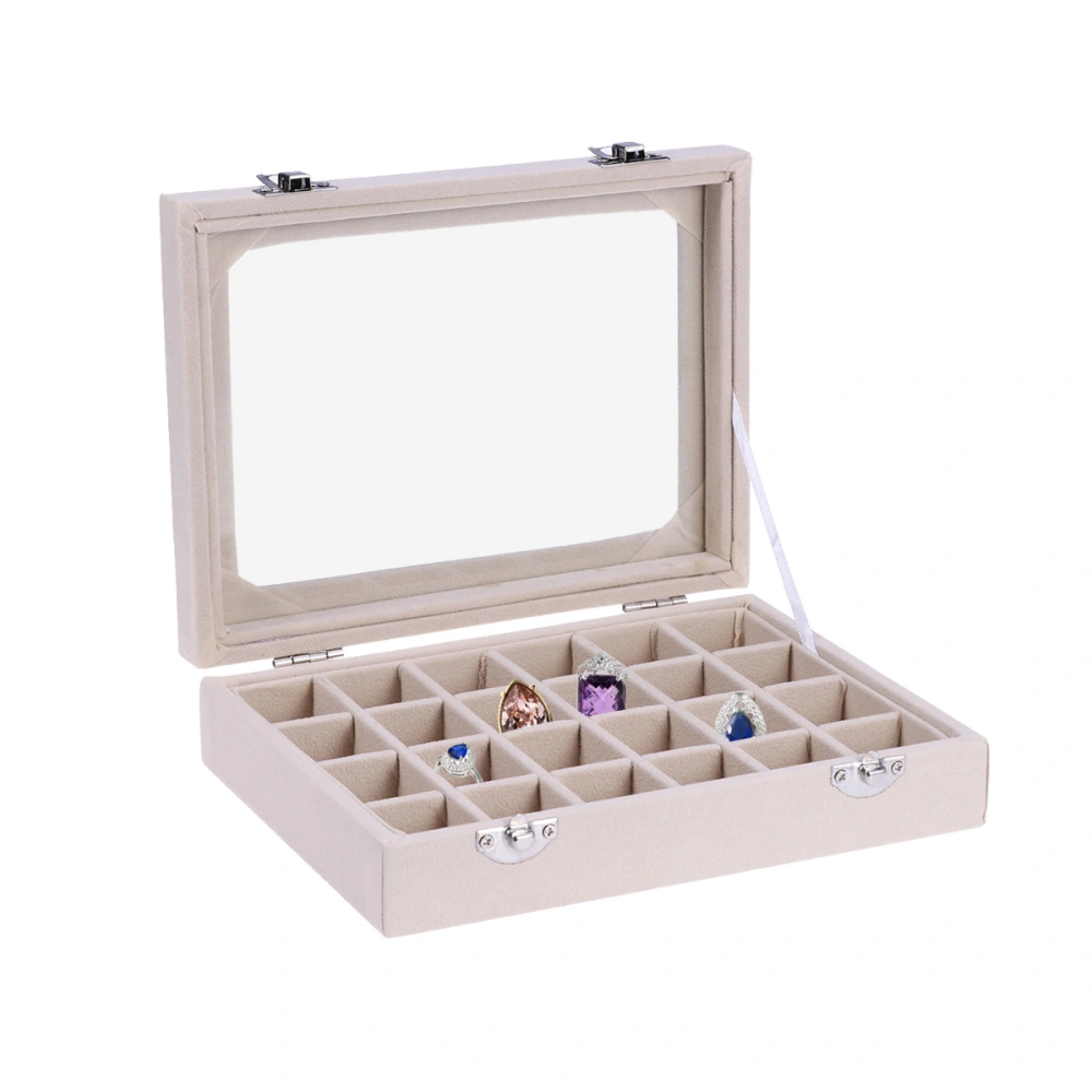 24 Grid Jewelry Storage Boxes Jewelry Organizer Portable Display Box with Glass Cover for Ring Earrings (Beige)