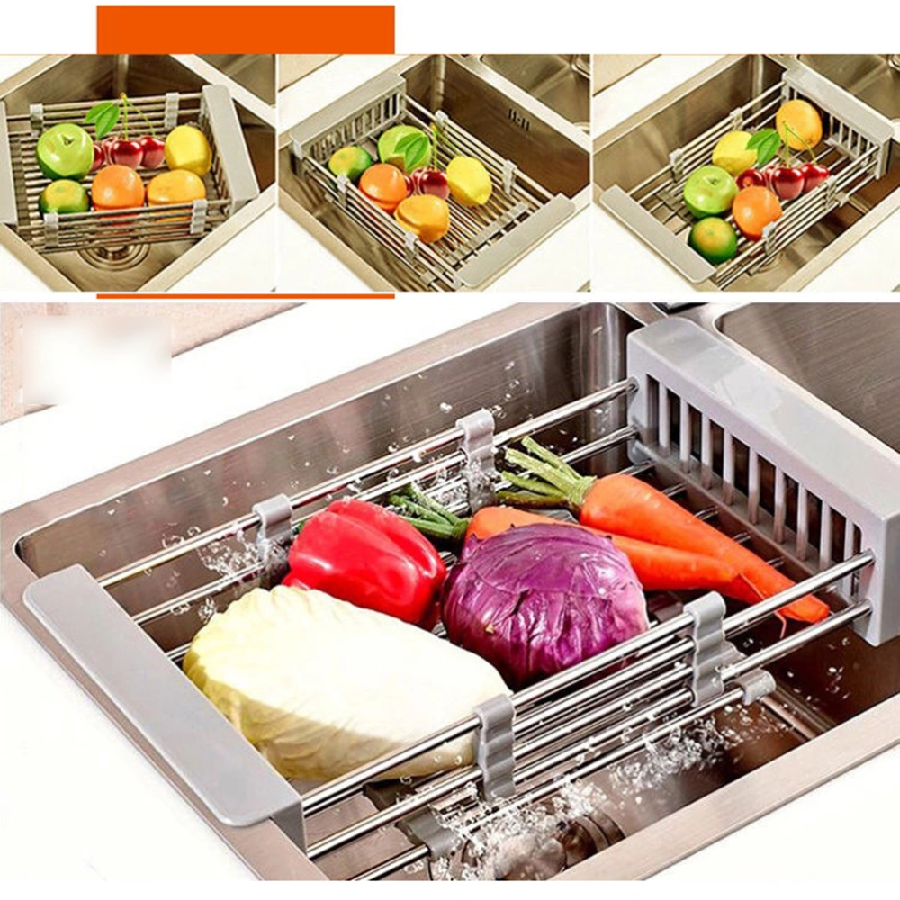 Multifunctional Fruits and Vegetables Draining Rack Drain Basket Stainless Steel Telescopic Sink Rack Rectangular Sink Dish Rack Kitchen Practical Drain Basket(Gray)