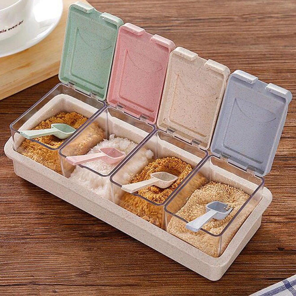 Wheat Straw Seasoning Storage Box 4-compartment Storage Container Condiment Jars with Spoon for Salt Sugar Spice