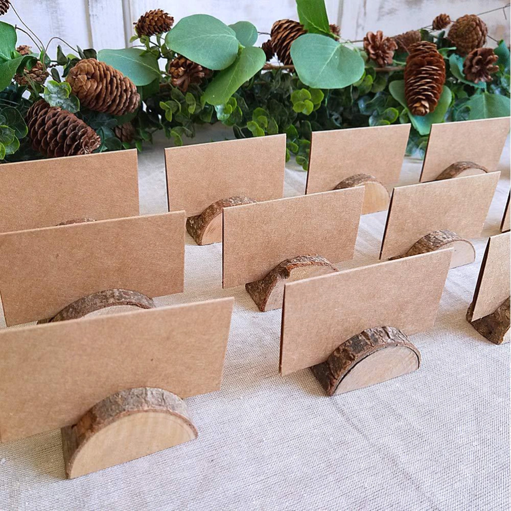 30pcs Wood Photo Holder Stump Shape Memo Organizer Place Holders for Wedding Banquet (Semicircle with Paper Card)