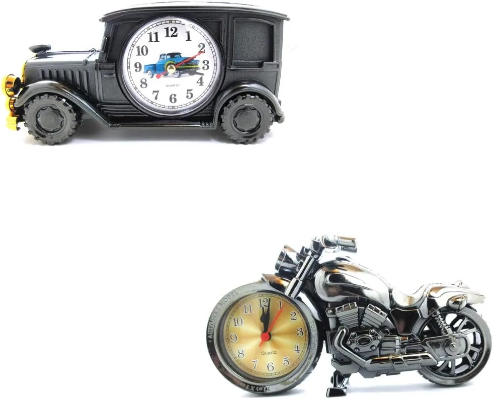 2Pcs Novelty Alarm Clock Motorcycle Table Desk Time Clock Car Shaped Alarm Clock