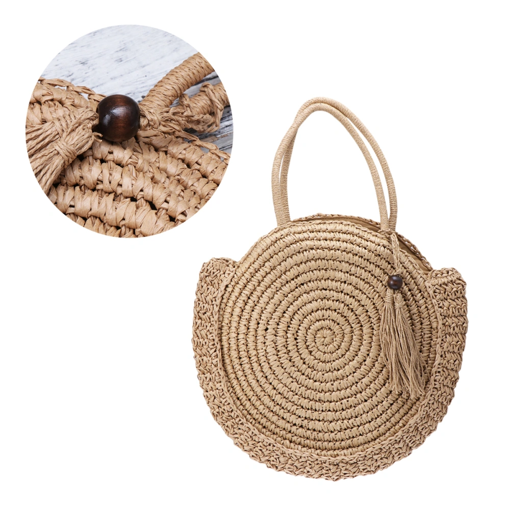 Round Shape Paper With Fringed Straw Bag Beach Bag Shoulder Bag Women Fashion Bag Light Brown Color