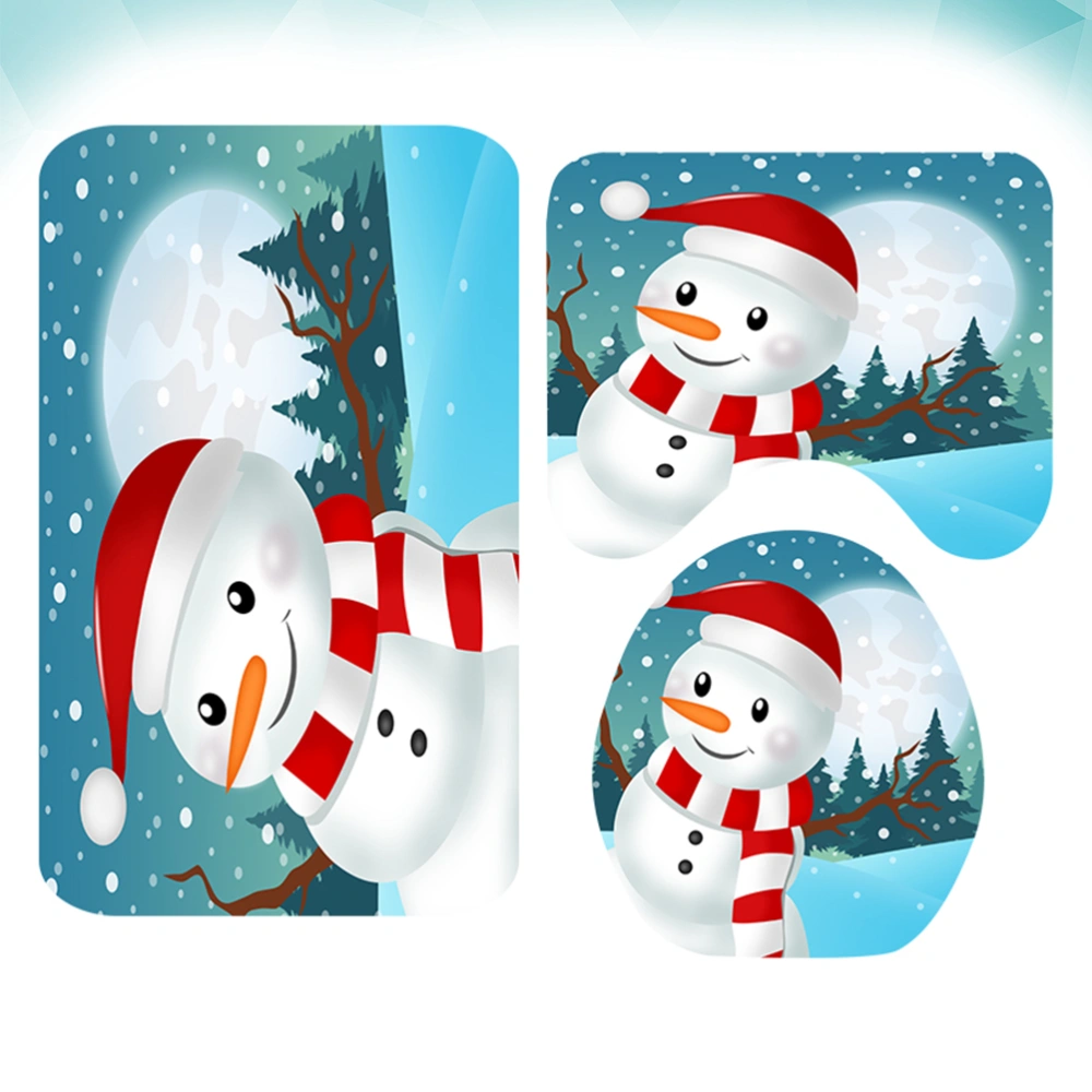 3 in 1 Christmas Snowman Printing Bathroom Mat Set Anti-slip Washroom Carpet Mat Toilet Seat Lid Cover for Home Hotel (SDS46)