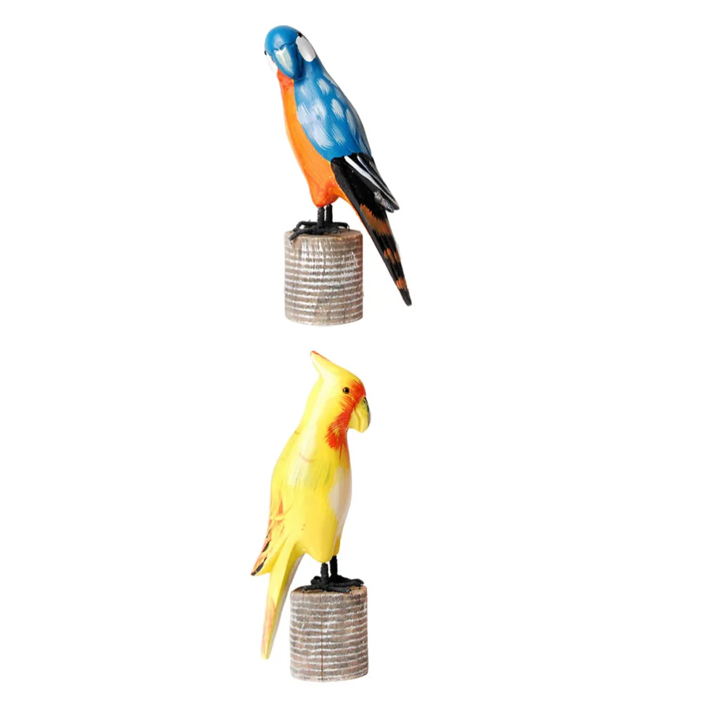 2pcs Delicate Wooden Bird Desktop Decors Home Use Wood Craft Parrot Ornaments